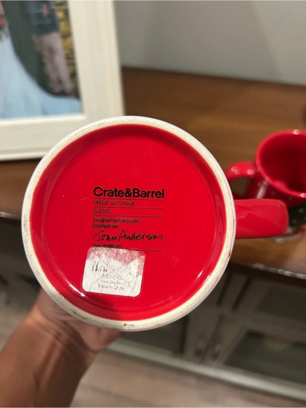 Crate&Barrel Red Ceramic Mugs with Green Tree Motif